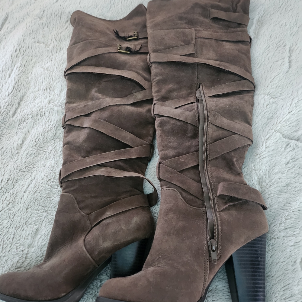 Brown Suede Knee-High Boots